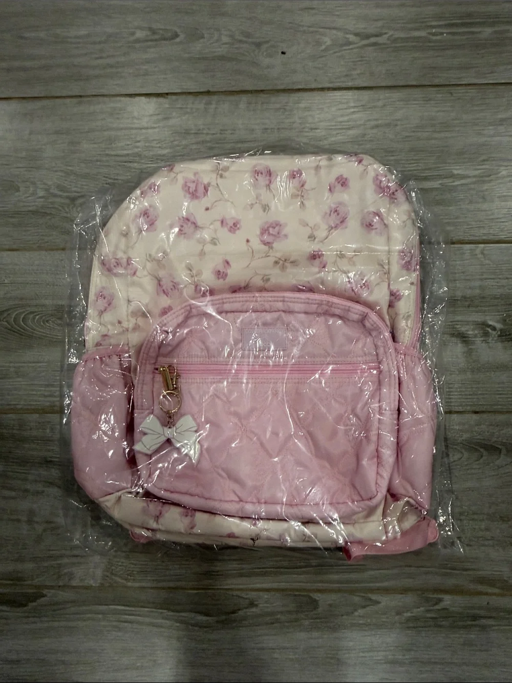Love Shack Fancy Pink Floral Quilted Backpack with Bow Charm